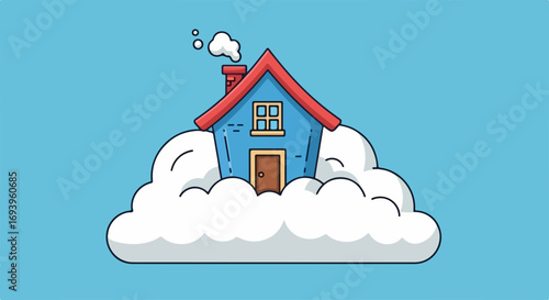 House in clouds floats serenely against light blue backdrop, portraying idea of home in clouds. Idea of floating home in the sky suggests comfort and aspiration. Evoking imagination and possibilities,