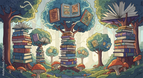 Book tree in fantastical forest glade with mushroom ring, whimsical books, and magical landscape. Book tree imagination with lush trees made of bound books and stacks of reading material.