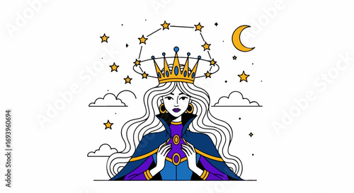 Fantasy princess wearing royal golden crown and elegant royal dress. Fantasy princess in ethereal design shows moon, stars and clouds. Fantasy princess in the starry sky can be used for illustrations,