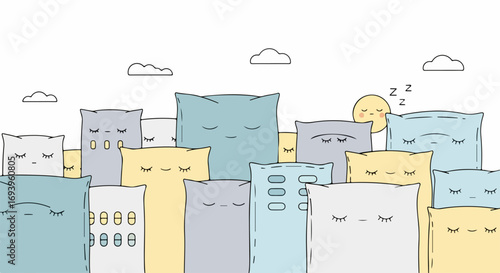 Illustrated cute pillows in pastel colors on white backdrop create a sleepy mood. Cute pillows with faces and expressions bring softness, evoking rest and peace.