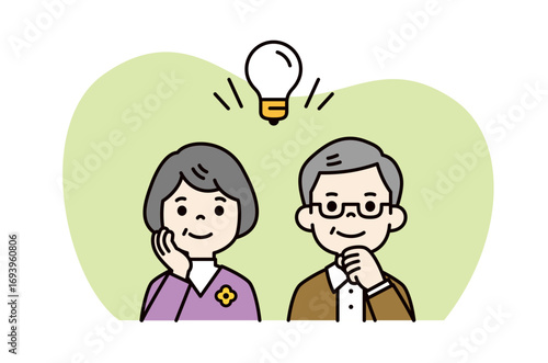 大きな電球と、いいアイデアが閃くおじいさんとおばあさんの上半身ベクターイラスト素材＿カラー