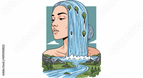 Conceptual personification of nature representing mother nature with flowing water hair. Mother nature is portrayed with scenic landscape emerging from shoulder, symbolizing natural beauty.