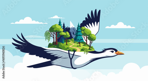 Flying island scene features bird carrying miniature terrain with lush trees and majestic mountains. This flying island concept evokes themes of escape and wonder,