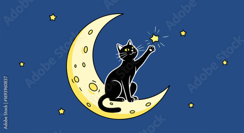 Black cat illustration on moonlit night with stars, a whimsical scene. Black cat on crescent moon reaches for star, creating dreamlike and enchanting atmosphere.