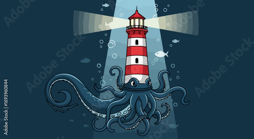 Lighthouse illustration shows cartoon lighthouse with octopus tentacles in ocean. Cartoon lighthouse illustration for children's books and nautical themes.