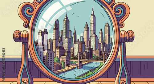 Skyline reflection shows cityscape with prominent skyscrapers and blue river, mirroring architectural marvels and intricate urban designs. Skyline reflection gives unique perspective,