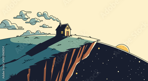 Home on hill features rural building set atop green grassy knoll with puffy white clouds. Isolated home on hill features a glowing window and smoke curling from chimney.