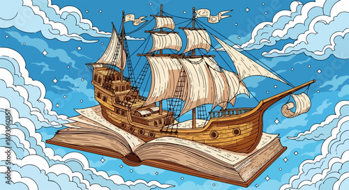 Flying ship illustration features sailboat sailing on open book in blue sky with clouds. Flying ship embodies fantasy travel adventure across sky.