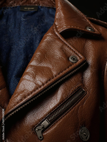 Close Up 3D Render of Brown Leather Jacket with Glossy Finish and Dark Blue Lining