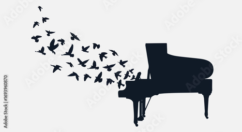 Piano with birds taking flight against simple background. Birds fly from piano, creating whimsical moment, and symbolizing musical notes becoming real. Concept of Piano playing as flight of fantasy,