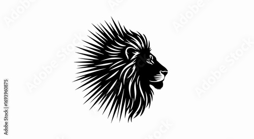 Lion head depiction with black monochrome design isolated on white background. Majestic lion head showing feline strength and power, a beautiful illustration.