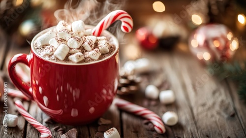 Red mug of hot chocolate with marshmallows and candy canes