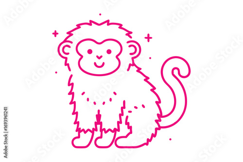 Charming pink monkey character sits with a happy expression and curly tail visible