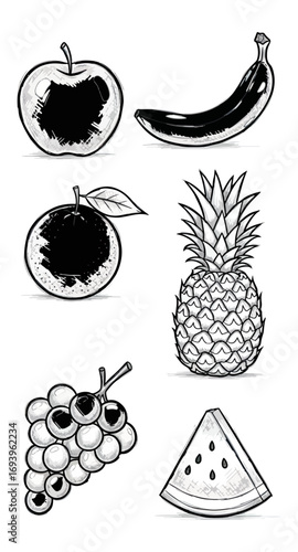 Collection of fruits in black and white style