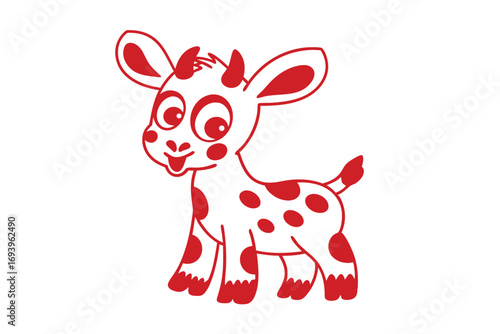 Charming red cartoon calf happily smiling with big eyes and red spots stands gracefully