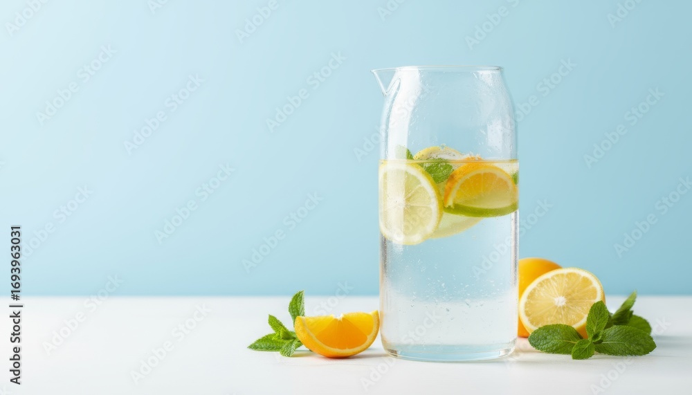 Fototapeta premium Refreshing minimal concept of transparent glass pitcher with infused citrus fruits and mint on a light background in an upscale setting