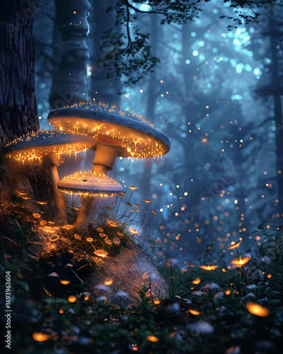 Enchanted Glowing Mushrooms in a Mystical Fantasy Forest