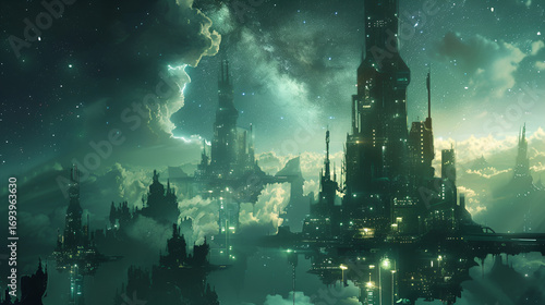 Futuristic Floating City in Space with Stars and Sci-Fi Architecture