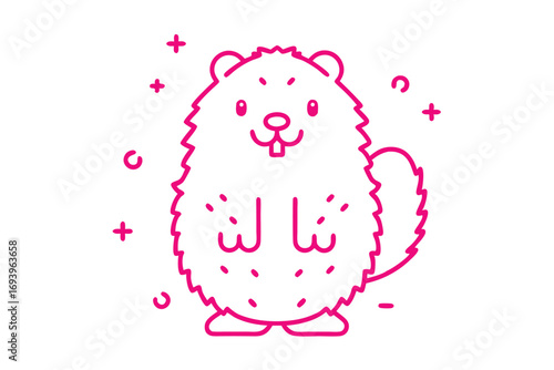 Cheerful cartoon beaver stands surrounded by geometric shapes outlined in pink on a white surface