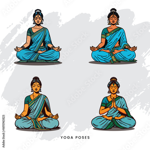Elegant yoga posture by woman in saree and kurti, pastel design, cultural and spiritual fitness concept.