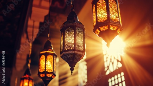 Ornate lanterns illuminated by sunlight
