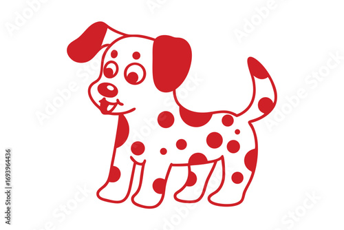 Cheerful cartoon dog cheerfully walks with spots in red on a white background