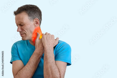 Man suffering from muscular pain massaging neck to reduce the symptoms, Man holding neck in pain, red highlight shows nerve compression or myofascial syndrome.