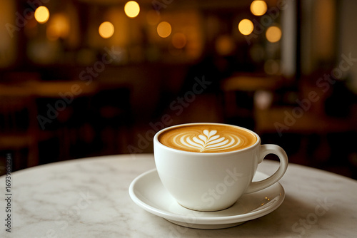 Stylish photo of coffee cup with latte design on marble table against blurred modern cafe interior with warm lighting, perfect for branding, lifestyle and marketing.