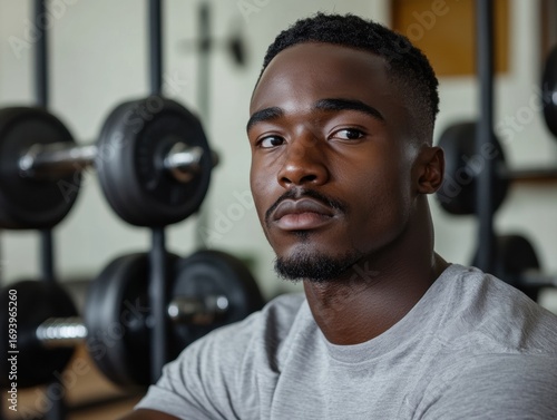Young African American man lifting weights in gym during daytime