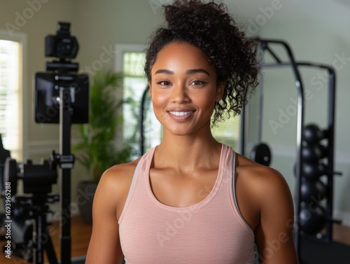 Happy young woman exercising in home gym during daytime