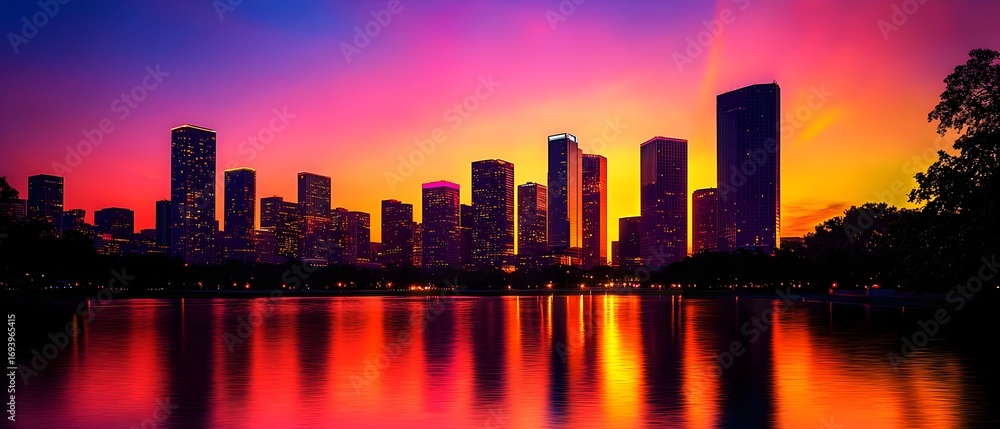 Fototapeta premium Vibrant city skyline at golden hour with glowing skyscraper windows