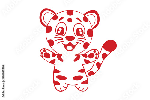 Cheerful cartoon jaguar outlined in red waves hello showing happiness and excitement