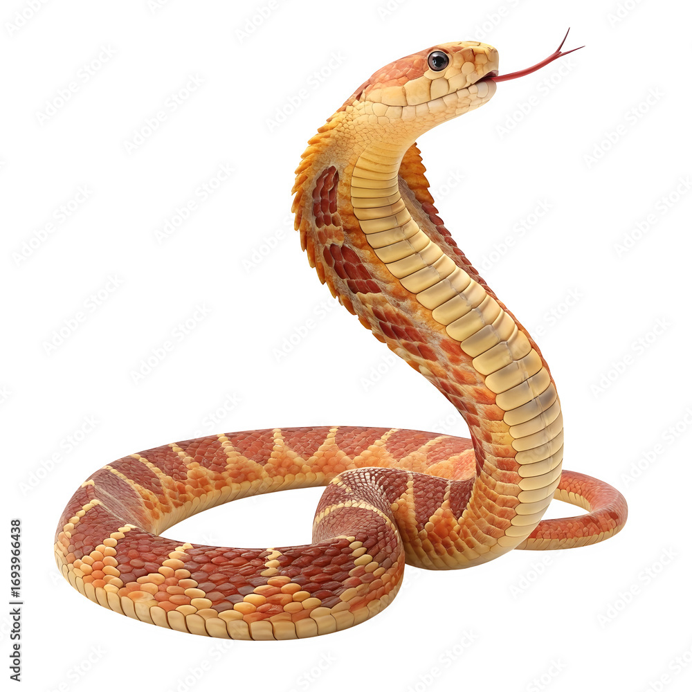 Fototapeta premium A cobra with its hood raised isolated on transparent background, tongue sticking out