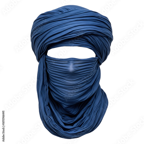 Blue Tuareg turban or tagelmust that covers the head and face as a traditional headwear