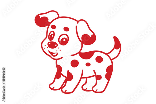 Cheerful Dalmatian puppy with red spots looks forward, with a happy expression