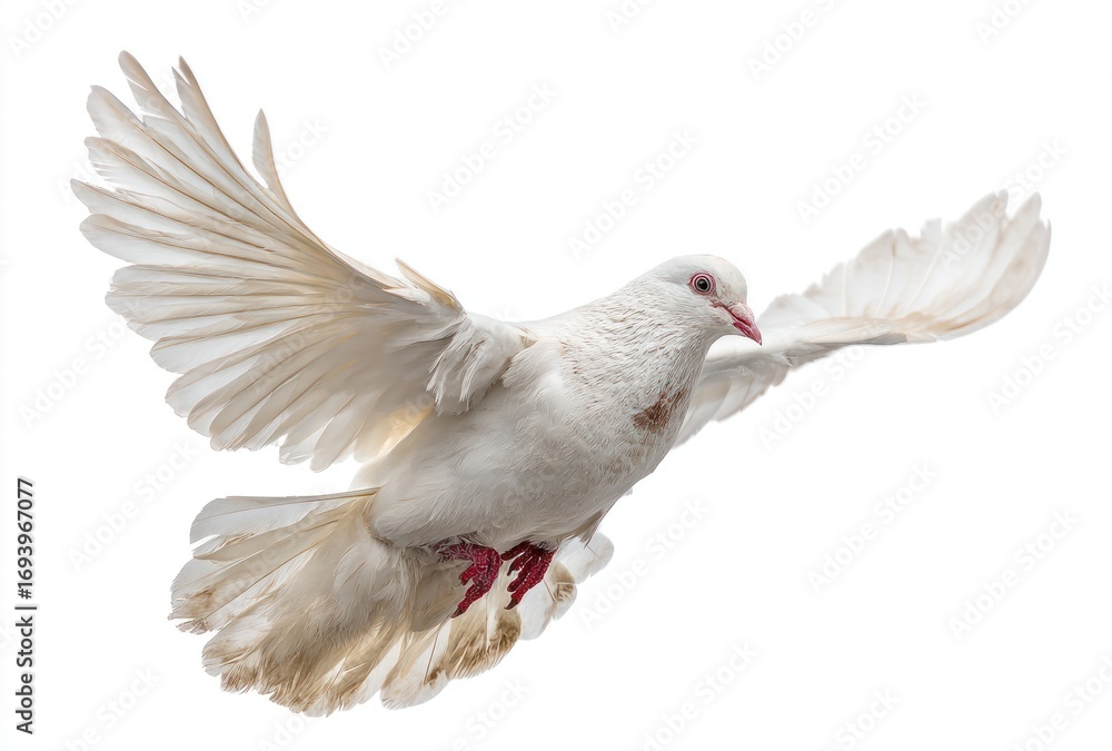 Obraz premium A white dove gracefully flies with wings spread against a clean, bright white background, captured mid-flight