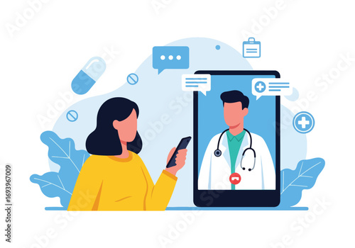 Flat style illustration of online healthcare consultation with a doctor via smartphone, representing telemedicine, virtual health services, and digital medical advice for patients