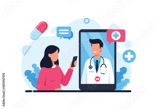 Flat style illustration of online healthcare consultation with a doctor via smartphone, representing telemedicine, virtual health services, and digital medical advice for patients