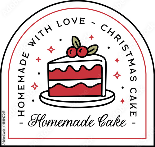Christmas layer cake homemade made with love logo label badge sticker tag bakery dessert slice cute packaging design. Retro vintage traditional fancy xmas holiday season treats red aesthetic clipart.
