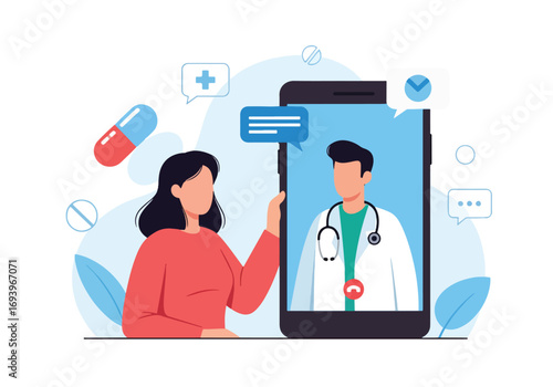 Flat style illustration of online healthcare consultation with a doctor via smartphone, representing telemedicine, virtual health services, and digital medical advice for patients