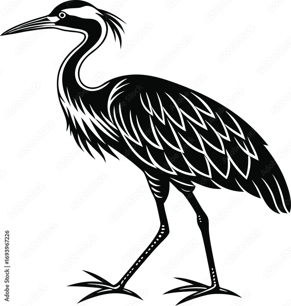 Obraz premium Black Silhouette Vector of a Crowned Night Heron, Elegant Crowned Heron Bird Silhouette, Night Heron Minimal Vector Illustration, Exotic Bird Silhouette Artwork Vector
