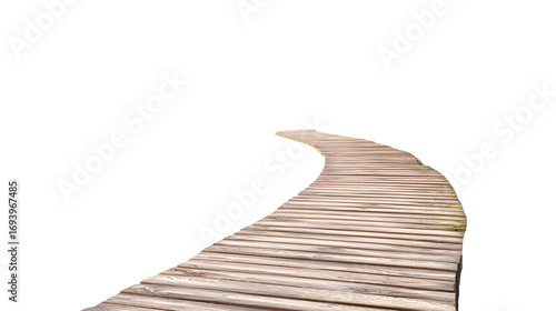 Tranquil wooden boardwalk pathway winding through a scenic landscape isolated on a transparent background