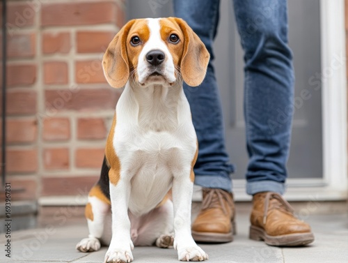 Beagle sitting calmly outside a brick building during daytime