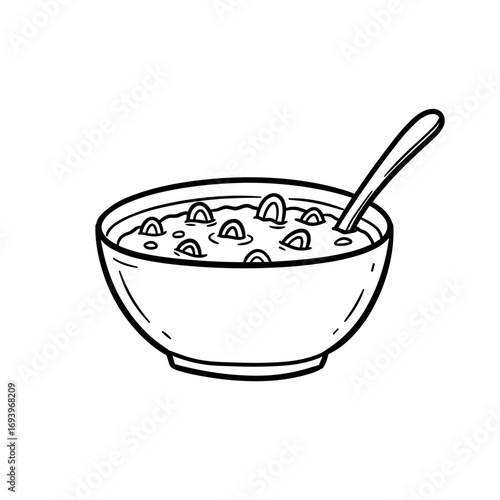 Bowl of cereal with milk and spoon in sketch style  