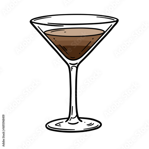 Espresso martini cocktail in clear glass on white background  