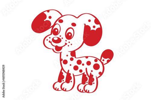Cheerful puppy outlined in red with polka dots stands happily on a white backdrop
