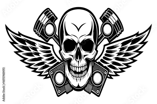 Winged Skull with Pistons Illustration