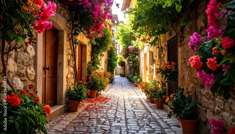 Fototapeta premium Charming flower-filled alleyway