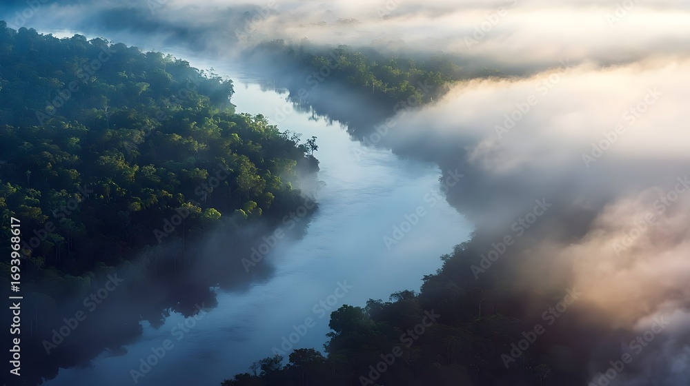 Fototapeta premium Aerial view of Amazon River winding through dense green rainforest shrouded in low morning mist ethereal jungle landscape South America Brazil wilderness (Travel)