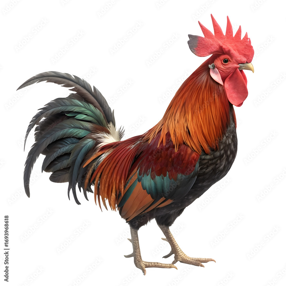 Fototapeta premium Colorful rooster isolated on transparent background standing and looking to the side